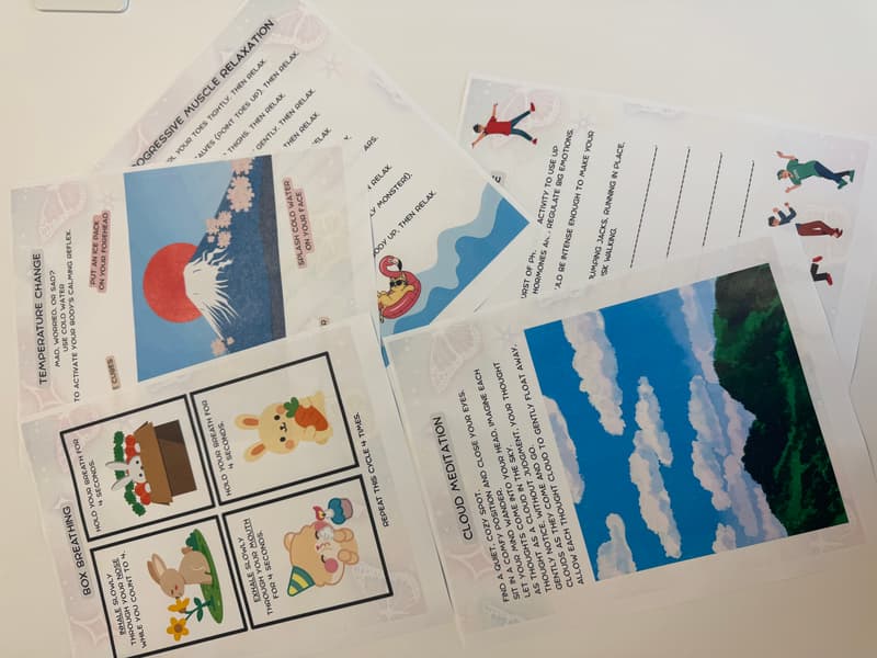 Coping skills worksheets including box breathing, cloud meditation, and progressive muscle relaxation