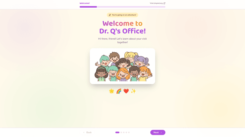 Preview of Dr. Q's Kids Welcome Page - a colorful, interactive experience for children
