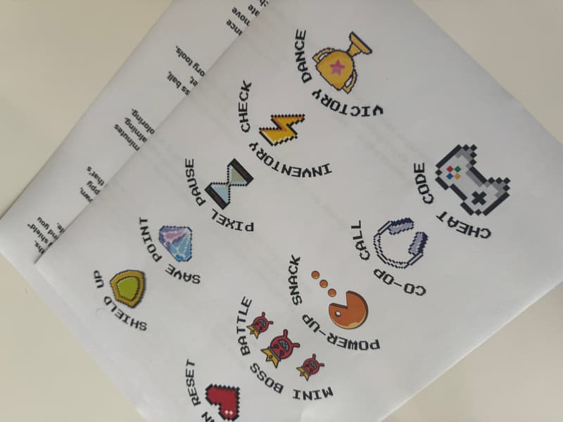 Video game themed coping skills chart with pixel art icons